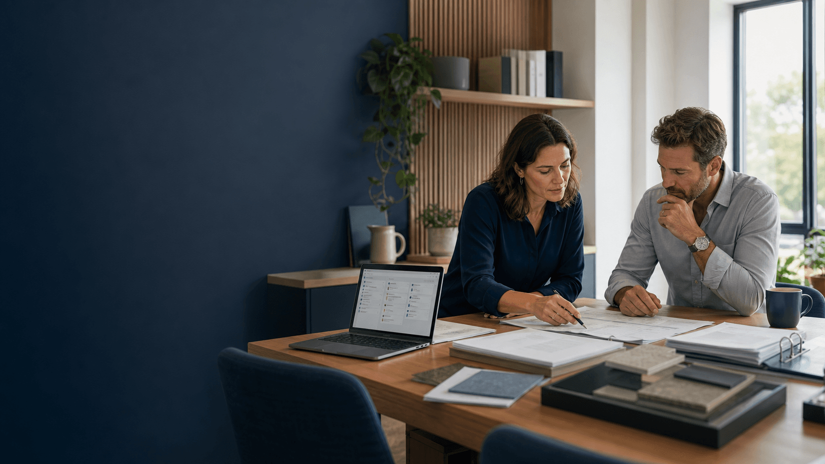Two business leaders reviewing documents and a workflow together in a calm office